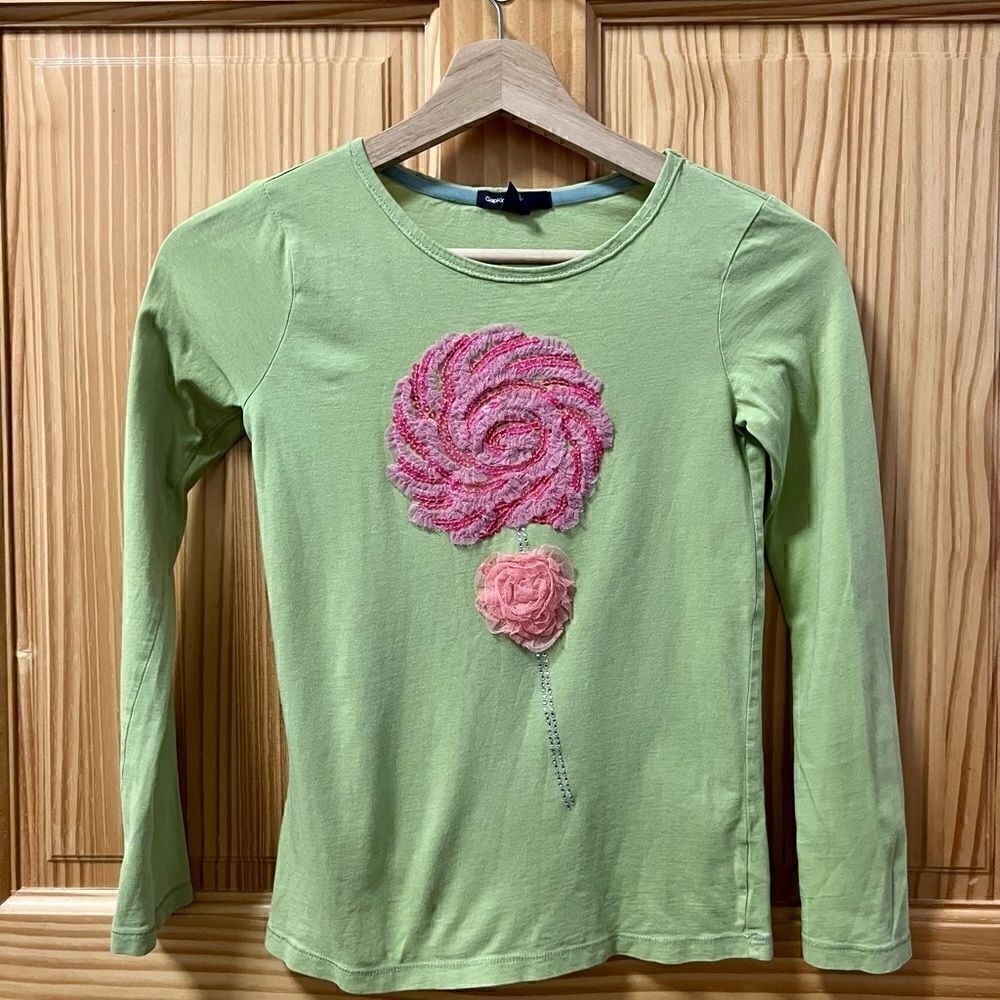 Gap Kids green pink lollipop tulle rose flower detail long sleeve shirt top M 8